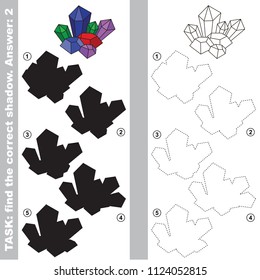 Crystal deposit to find the correct shadow, the matching educational kid game to compare and connect objects and their true shadows, simple gaming level for preschool kids.