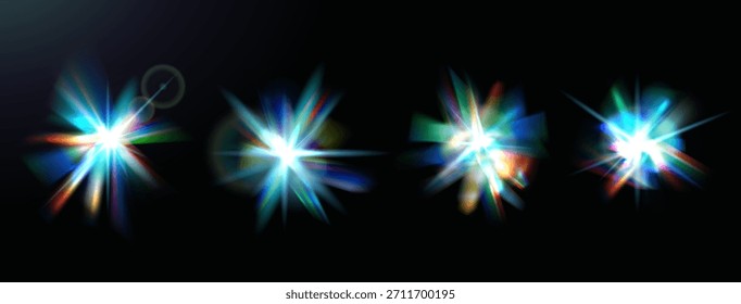 Kristalldiamantenes Licht durchdringt Glasprismen und wirft irisierende Regenbogenreflexionen mit brillanten kaustischen Mustern und magischen Glüheffekten aus. Azul-Vektor-Glanz-Edelsteine einzeln auf Hintergrund.
