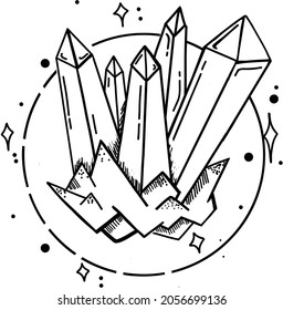 Ilustración de tinta vectorial digital de cristal, diseño de tatuajes dibujados a mano en línea simple, pegatina en blanco y negro, vela, ilustración mágica con acentos brillantes de estrella para la decoración de Halloween, tatuajes, fiesta