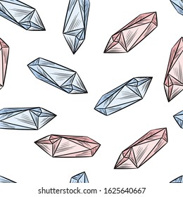 Crystal doodles seamless pattern. Cute cartoon vector quartz amethyst wallpaper. Cozy boho style template background tile