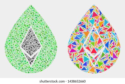 Crystal drop mosaic icon of triangle elements which have variable sizes and shapes and colors. Geometric abstract vector design concept of crystal drop.