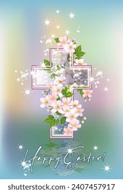 Cruz de Pascua de Cristal con tarjeta de saludo de flores de primavera, ilustración vectorial