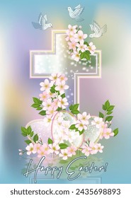 Cruz de Pascua de cristal con flores de primavera vip tarjeta, ilustración vectorial