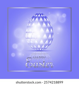 Crystal Easter egg on a blue background with bokeh effect and silver elements
