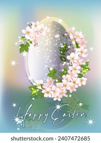Huevo de Pascua de Cristal con tarjeta de invitación de flores de primavera, ilustración vectorial