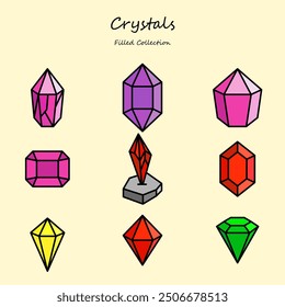 Bearbeitbare Crystal Icons Linienstil festlegen. Edelstein, Schmuck, Diamant, Luxus. Gefüllte Sammlung
