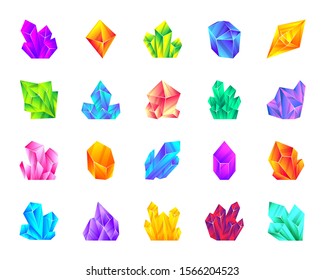Crystal flat cartoon icons set. Gemstone kit isolated on white. Mineral collection amethyst, ruby, sapphire, topaz, emerald, diamond, quartz. Simple crystal symbol gradient icon vector illustration