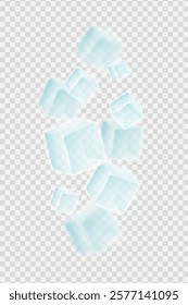 Crystal fresh 3d ice cubes isolated on transparent background. Blue transparent frozen water pieces with motion blur effect. Template for drink ads. Vector illustration