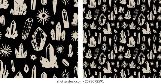 Crystal Gem Boho Astronomy Black and White Illustration Vector Pattern