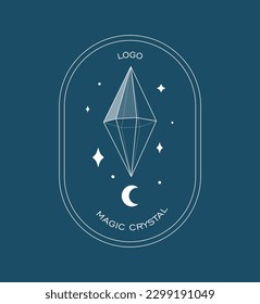 Crystal gem and moon outline logo illustration. Magic crystal concept. Modern vector illustration. Transparent line art gem with stars. Minimalistic sticker design for web.