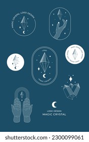 Ilustraciones del logo de Crystal Gem y moon. Concepto de cristal mágico. Ilustración vectorial moderna. Gema de arte de línea transparente con estrellas. Diseño de emoticones minimalistas para la web.