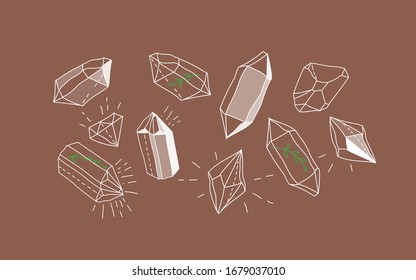 Crystal gems. Magic crystal concept. Modern vector illustration. Transparent line art gems.  Tree branches in shiny crystals. Minimalistic design for web. 