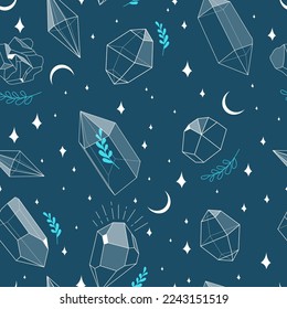 KristallEdelsteine umrissen Muster. Zauberhaftes Kristallkonzept. Moderne Vektorgrafik. Transparente Linien Kunstschmuck mit Blättern und Sternen. Minimalistisches Design für Web.
