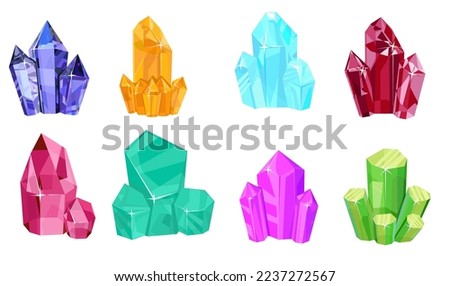 Crystal gems, vector gems. Gems icons. Isolated cartoon minerals, crystals and gems. Opal, emerald and diamond, ruby and topaz, quartz glass, jewelry, geological crystals. Natural elements