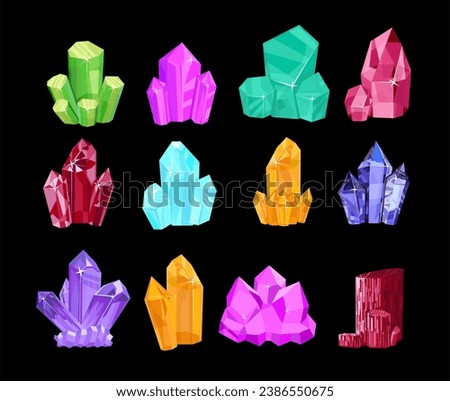 Crystal gems, vector gems on a dark background. Gems, crystals icons. Cartoon minerals, crystals and gems. Natural elements. Multi-colored Minerals. Quartz glass, jewelry, geological crystals. 