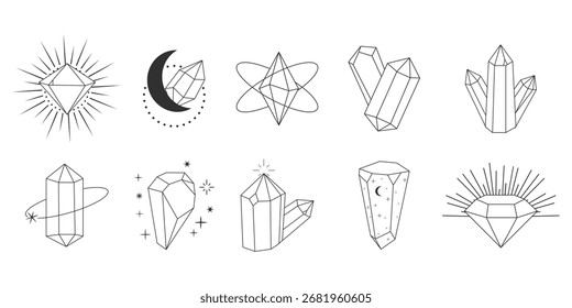Kristall Edelstein himmlisches Gold dünne Linie Polygonstein, magische Kontur Edelstein, Polyeder. Elegante Kontur geometrischen Quarz, Juwel. Lineares Mineralsymbol.