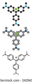 Crystal (gentian) violet molecule. Dye used in Gram staining of bacteria. Conventional skeletal formula and stylized representations.