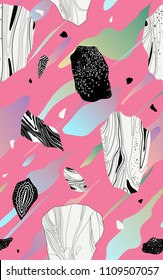 Crystal, geode, stone and brush splash element, simple flat style vector, seamless pattern.