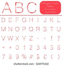 Crystal geometric font style in red color isolated on white. Trendy polygon mosaic characters, letter, numbers and symbols.