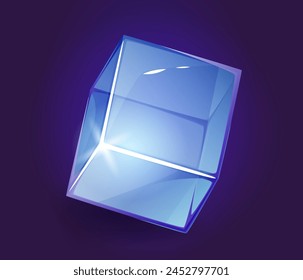 Cubo de cristal. Forma geométrica de neón translúcido con deslumbramiento y refracción. Bloque cuadrado futurista con efecto holográfico. Hielo congelado. Ilustración vectorial 3D realista aislada en el fondo