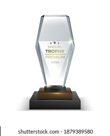 Crystal Glass Trophy. Realistic Award. 3D Transparent Prize With Golden Lettering On Square Stand. Isolated Shiny Cup To Winner In Sport Championship. Reward In Competition Of Talents, Vector Victory