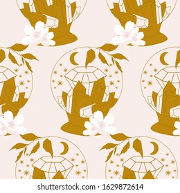 crystal globe, gems and celestials in a seamless pattern design, perfect to use on the web or in print