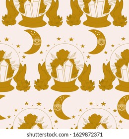 Crystal globe, hands and moon in a seamless pattern design, perfect to use on the web or in print