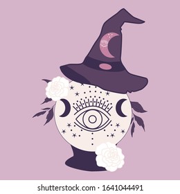 crystal globe, witch hat and eye, vector illustration, perfect to use on the web or in print