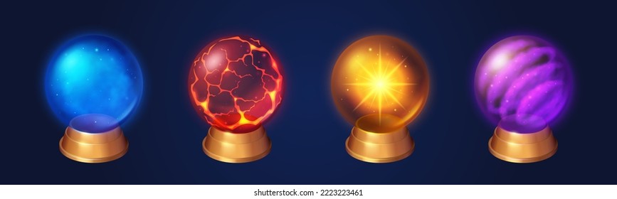 Crystal globes, witch or sorcerer magic spheres. Transparent glass domes on gold stands with blue fog, red magma with cracks, golden star and purple swirl inside, vector realistic set