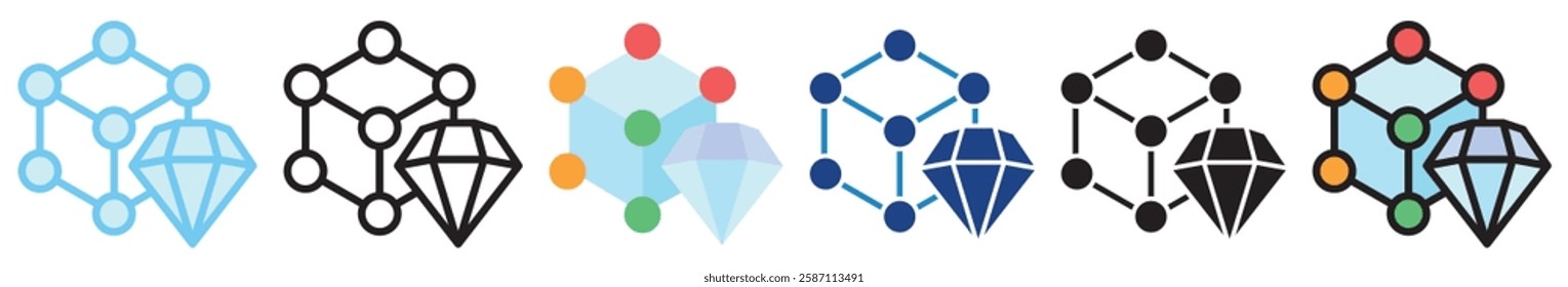 Crystal Grid multi style, mini illustration icon. outline, flat, glyph, line color, UI, UX, app and web, digital or print. For education, research, chemistry.