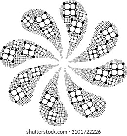 Los nodos de la rejilla de cristal iconos giran la composición de los fuegos artificiales de flor de movimiento. Clúster de flores diseñado con iconos aleatorios de nodos de rejilla de cristal.