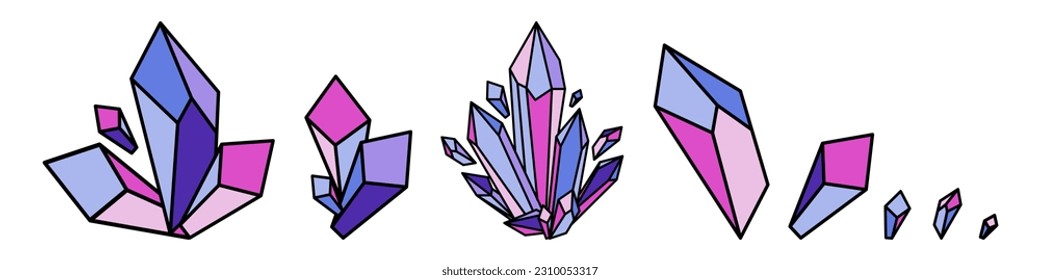Juego de montón de cristal. Gemas de cristales coloreados, ilustración de joyas. Vector aislado sobre fondo blanco.