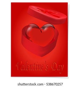 Crystal Heart in a gift box with a red bow on a red background. Caption of the Day of St.Valentines. Vector illustration