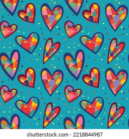 
Crystal hearts on a blue background. Seamless pattern.