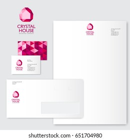 Crystal house logo. Silhouette of a house in a crystal. Construction, property company emblem. Identity. Business card, envelope, blank and pattern.