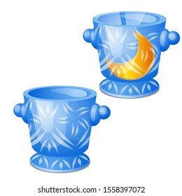 Crystal ice vases with the moon inside isolated on a white background. Vector cartoon close-up illustration