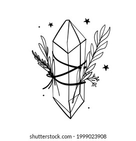 Crystal Icon With Branches And Stars, Line Hand Drawing, Bohemian Tattoo For Witch, Gem, Sketch Boho Illustration Isolated On White Background.