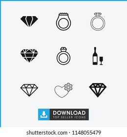 Crystal icon. collection of 9 crystal filled and outline icons such as gem, diamond, wine glass and bottle, ring, diamond. editable crystal icons for web and mobile.