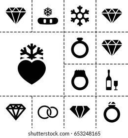 Crystal icon. set of 13 filled crystalicons such as gem, diamond, diamond, heart frozen, rings, wine glass and bottle, snowflake