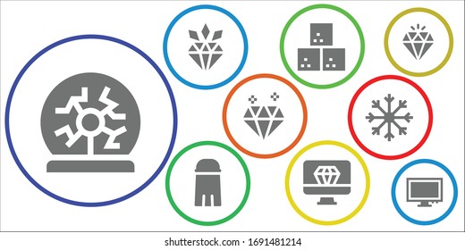crystal icon set. 9 filled crystal icons. Included Plasma ball, Diamond, Sugar cube, Salt, Snowflake, Monitor icons