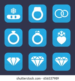 Crystal icon. set of 9 filled crystal icons such as gem, diamond, heart frozen, rings, ring