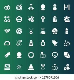 crystal icon set. Collection of 36 filled crystal icons included Stone, Rings, Ring, Diamond, Minerals, Necklace, Crystal ball, Salt, Cologne, Magic ball, Wedding ring, Ice, Chandelier