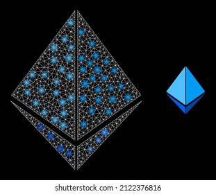 Kristallsymbol und glänzendes Netzgitter-Kristall-Modell mit beleuchteten Flecken. Leuchtendes Modell, das mit Kristall-Vektorsymbol und Dreiecksgitter erzeugt wird. Flaches Rahmenkristall auf schwarzem Hintergrund.
