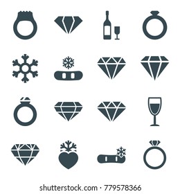 Crystal icons. set of 16 editable filled crystal icons such as gem, diamond, snowflake, ring, heart frozen, wine glass, wine glass and bottle
