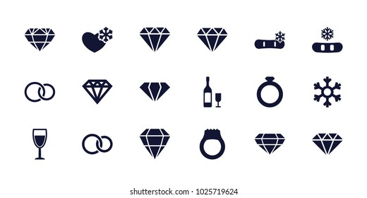 Crystal icons. set of 18 editable filled crystal icons: gem, diamond, diamond, snowflake, ring, rings, wine glass, wine glass and bottle