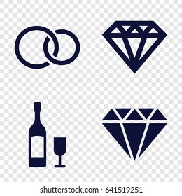 Crystal icons set. set of 4 crystal filled icons such as diamond, rings, wine glass and bottle