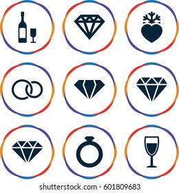 crystal icons set. Set of 9 crystal filled icons such as gem, diamond, Diamond, heart frozen, rings, wine glass, wine glass and bottle