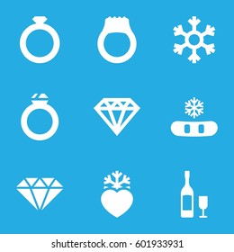 crystal icons set. Set of 9 crystal filled icons such as Diamond, heart frozen, wine glass and bottle, snowflake, gem