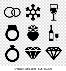 Crystal icons set. set of 9 crystal filled icons such as Diamond, heart frozen, rings, wine glass, wine glass and bottle, snowflake, ring