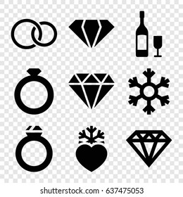 Crystal icons set. set of 9 crystal filled icons such as gem, diamond, diamond, heart frozen, rings, wine glass and bottle, snowflake